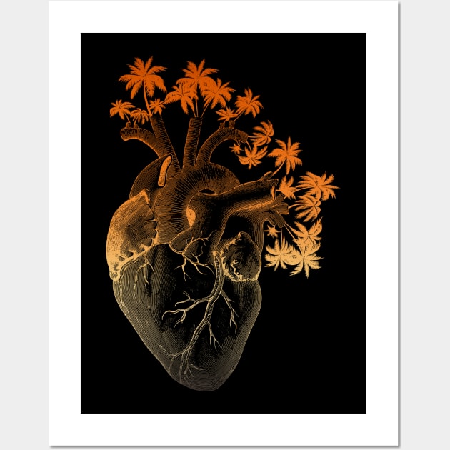 Orange Colored Anatomically Correct Human Heart - Palm Trees Wall Art by treszure_chest